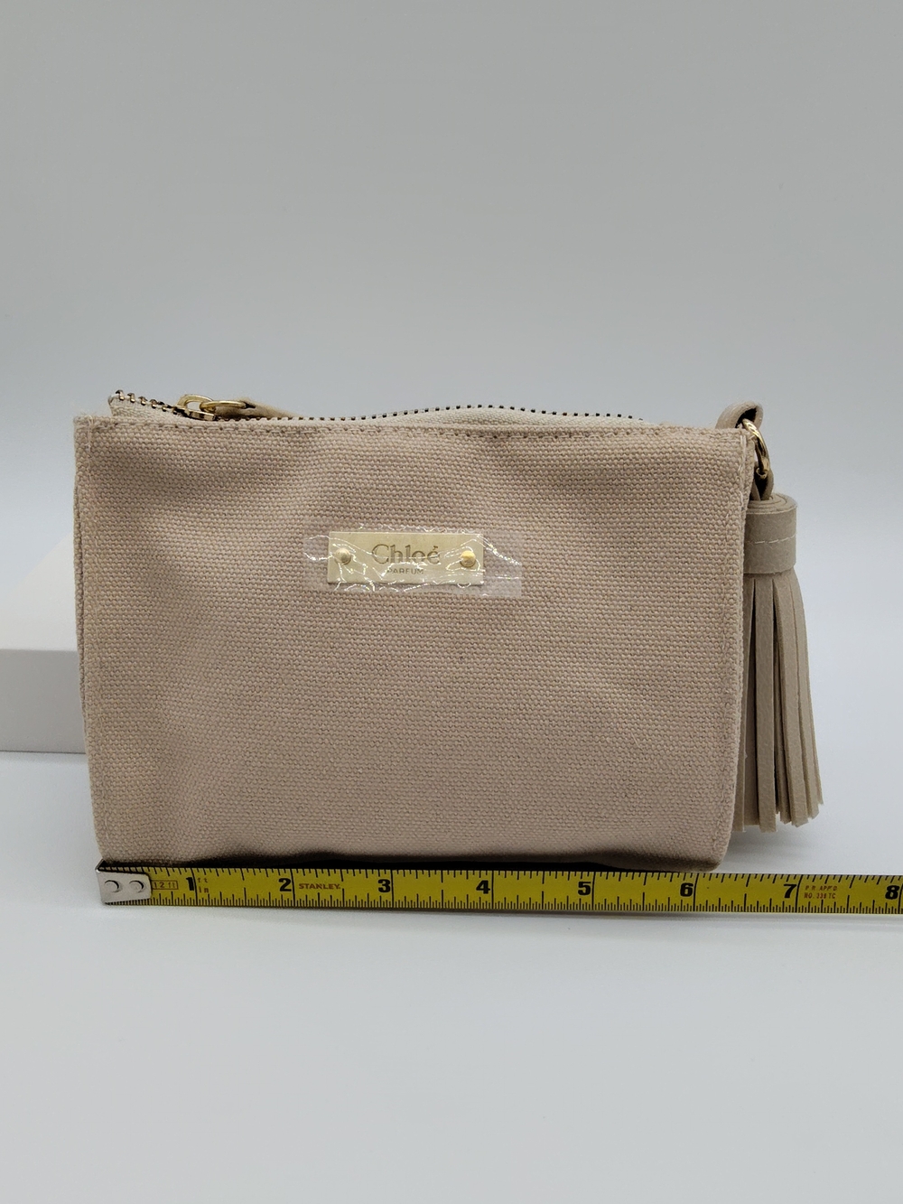 CHLOÉ Parfum Canvas Tassel Cosmetic Pouch Beige Beauty Makeup Bag NIB NWT - Picture 7 of 11